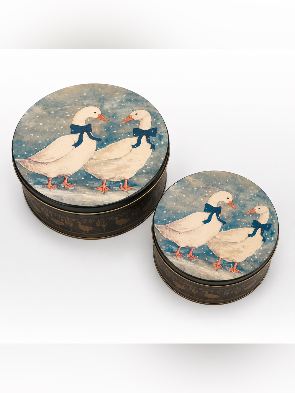 Vintage Goose Tin Set Farmhouse Kitchen Decor Blue Bow Snow early 80’s